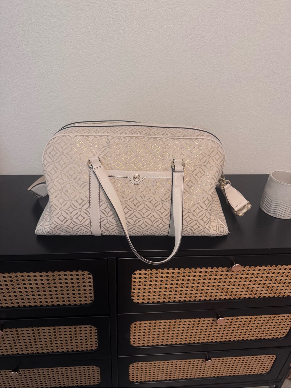 Michael Kors Cream Quilted Travel Tote with Gold Accents